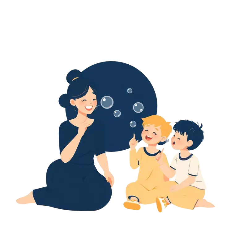 Ilustração de uma família feliz brincando em casa com bolhas de sabão